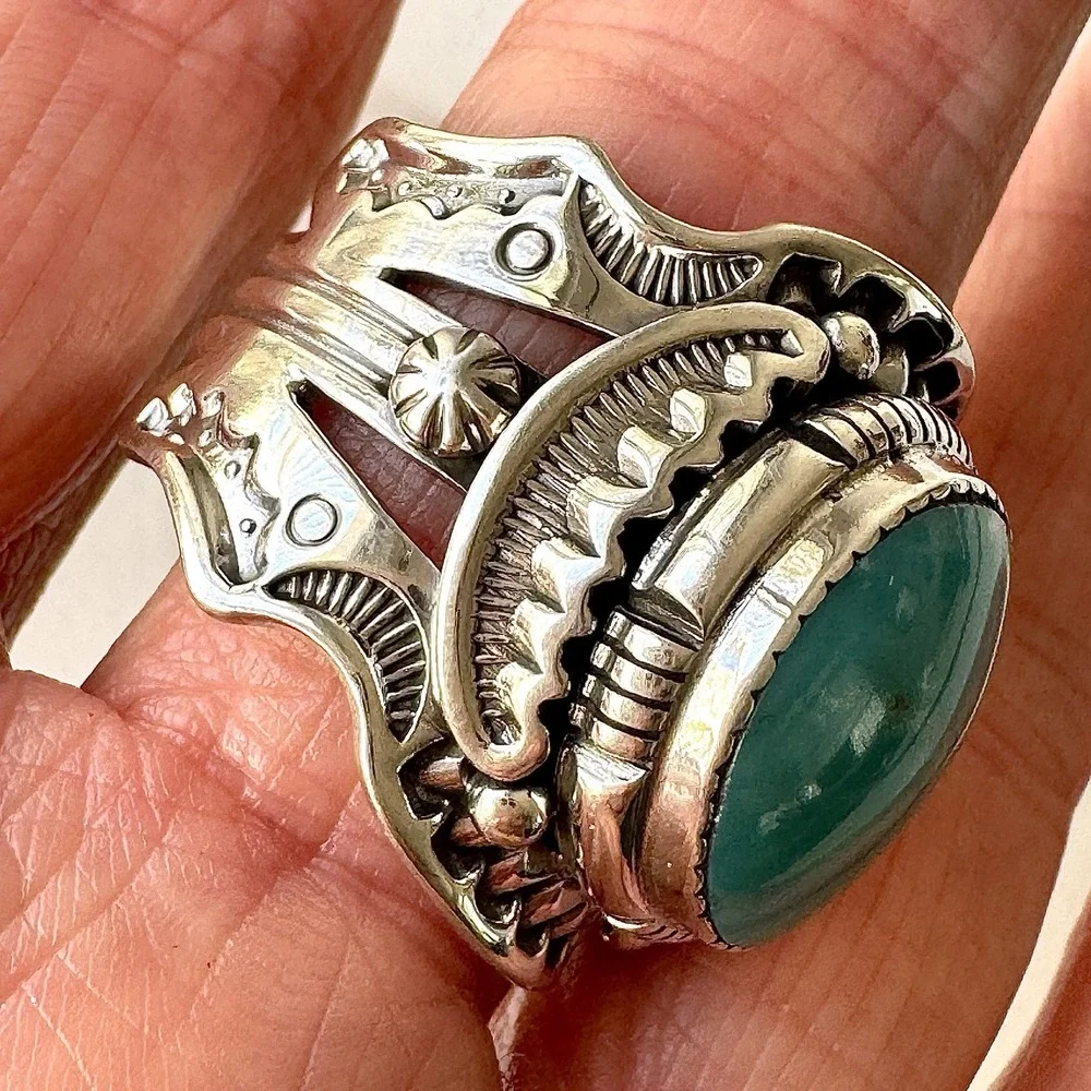 BIG Navajo Mens Turquoise Ring Sz 11 Wide Band Signed Lee Sterling Native Amer